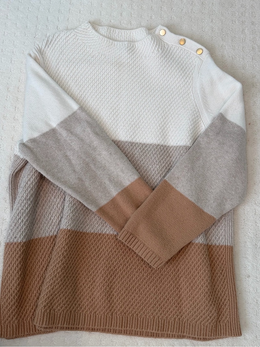 Talbots Colorblock Crewneck Sweater with Gold Buttons - White, Gray, Brown